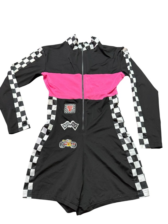 Pants - Checkerboard Racing Romper with Hot Pink Panel